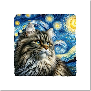 Siberian Starry Night Inspired - Artistic Cat Posters and Art